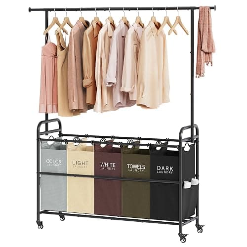 Tajsoon Laundry Sorter Cart with Hanging Rack, 5 Section Laundry Hamper, 246L (65 Gal.) Laundry Basket with Wheels, Removable Hamper Organizer for Dirty Clothes Bathroom Cloakroom, 5 Colors - Image 1