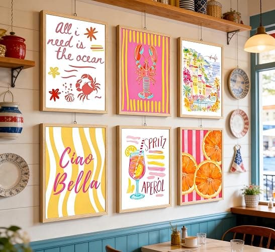 6Pcs Summer Coastal Poster Wall Art,Pink Orange Coastal Painting Picture Wall Decor,Amalfi Beach Canvas Print Artwork for Bathroom,Bedroom,Living Room,Beach House Home Decor,8x10 Inch Unframed thumbnail 3