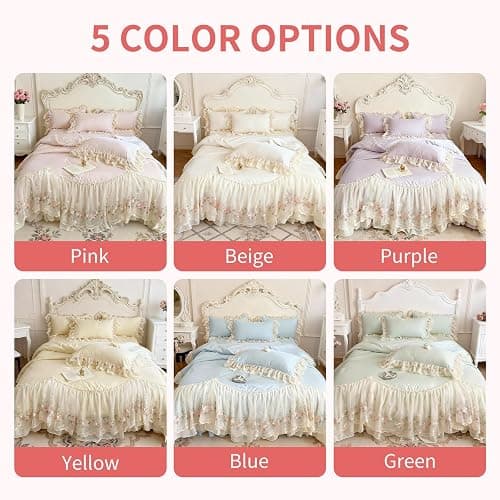 French Chic Bedding Set 4-Piece - Romantic Lace Trim Washed Cotton, Duvet Cover with Bed Skirt & Pillowcases for Queen Bed, Princess Style (Comforter Not Included) (Pink,Queen (U.S. Standard)) thumbnail 8