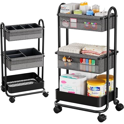 Baby Diaper Caddy Organizer Cart - 3 Tier Rolling Storage Cart with Wheels, Baby Essentials for Nursery Storage, Detachable Dividers - for Crib, Bedroom, Art & Craft Organizer (Dark Grey) - Image 1