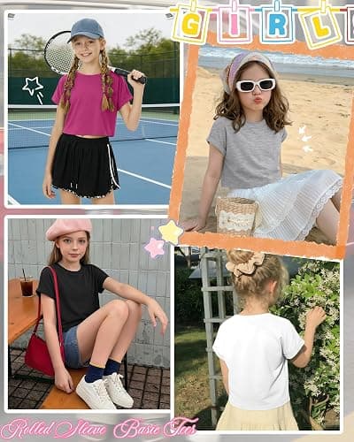 Mumucove 4 Pack Girls Crop Tops Kids Short Rolled Sleeve Shirts Loose Crew Neck Casual T-Shirts Cute Basic Summer Tees thumbnail 3