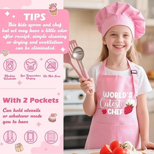 R HORSE Kid Apron and Chef Hat Set 2Pcs Adjustable Pink Children Kitchen Apron, Waterproof Dress up Role Play Chef Toy Funny Cooking Baking Painting and Training Kits for Kids Birthday Party Gift thumbnail 3