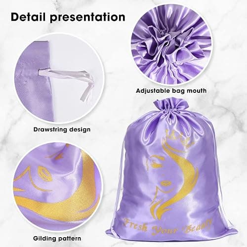 Satin Bags with Drawstring - Soft Pouches for Multiple Pieces, Bundles & Hair Extension Supplies - Home and Salon Use (6PCS Purple) thumbnail 4