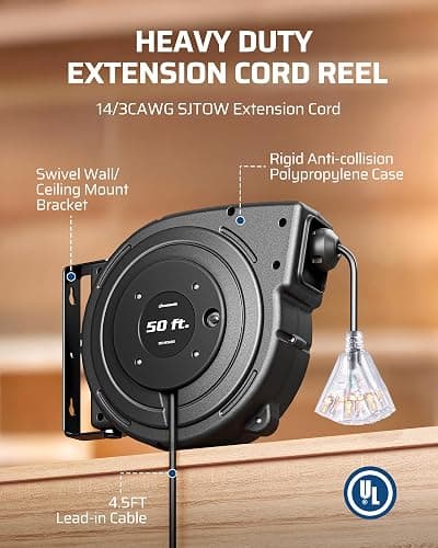 DEWENWILS Retractable Extension Cord Reel, 50FT Heavy Duty Power Cord, 14/3AWG SJTOW, Lighted Triple Tap Outlets, 13 Amp Circuit Breaker, Ceiling/Wall Mount, UL Listed thumbnail 6
