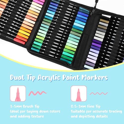 Pagather 72 Colors Acrylic Paint Markers, Dual Tip with Fine Tip and Brush Tip Pens for Stone, Wood, Calligraphy, Canvas, Ceramic, Metal, Glass, Rock Painting, DIY Crafts Art Supplies Kit thumbnail 3
