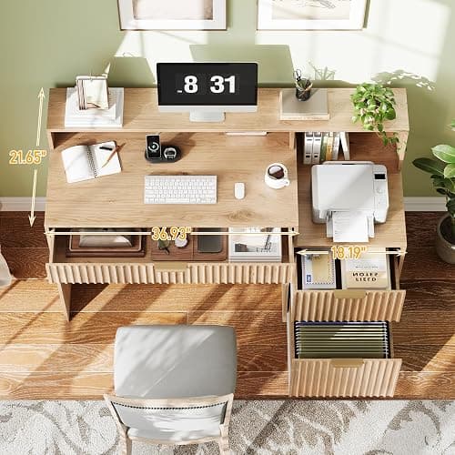 Vabches Fluted Computer Desk with Drawers, Home Office Desk with Power Outlets, Printer Stand and Storage Cabinet, Study Writing Desks with Long Monitor Stand, Oak thumbnail 6