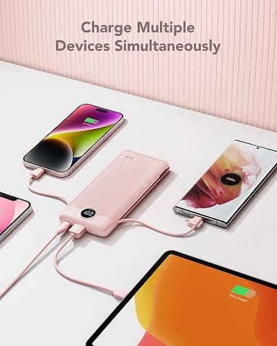 VRURC 10000mAh Portable Charger with Built-in Cables and AC Wall Plug Ultra Slim Power Bank USB C Phone Charger 5 Output 2 Input External Battery Pack LED Display Compatible with All mobilephone-Pink thumbnail 6