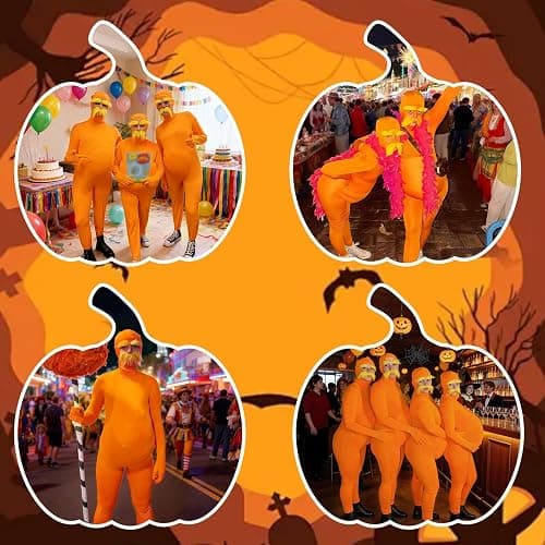 Orange Jumpsuit Women Men Halloween Costume Slim Fit Yellow Bodysuit with Mustache and Eyebrows Stretch Funny Cosplay Clothes thumbnail 3