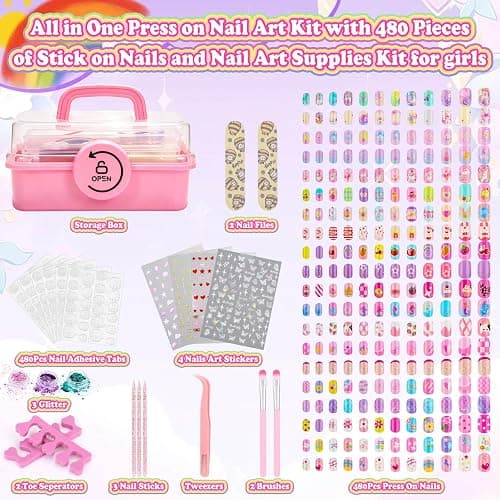 480 Pcs Girls Press ons False Nail Art Kit with Storage Case | Cute Stuff Gift for Girls 8-12 Fake Nails Adhesive thumbnail 4