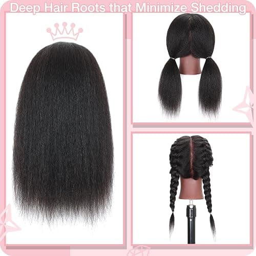 Mannequin Head with Human Hair 16'' Cosmetology Manikin Doll Head with 100% Real Human Hair Mannequin Head for Braiding Hairstylists Cosmetology Students Practice Styling with Free Clamp Holder-Black thumbnail 4