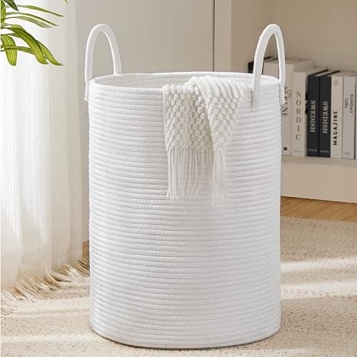 Woven Rope Laundry Hamper Basket by YOUDENOVA, 58L Tall Laundry Basket, Baby Nursery Hamper for Blanket Storage, Clothes Hamper for Laundry in Bedroom-Large-Pure White - Image 1