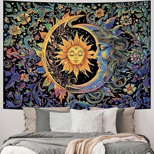 Sun and Moon Tapestry Psychedelic Mystic Floral Tapestry Hippie Boho Flower Plants Wall Tapestries Vintage Aesthetic Tapestries Wall Hanging for Bedroom thumbnail 2