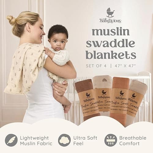 Muslin Swaddle Blankets - 4 Pack | Muslin Baby Blanket for Newborn Boy/Girl | Soft&Breathable Receiving Blankets | Newborn Swaddle Blanket (47" x 47")| Baby Essentials,Registry & Gift- Desert Dreams thumbnail 2