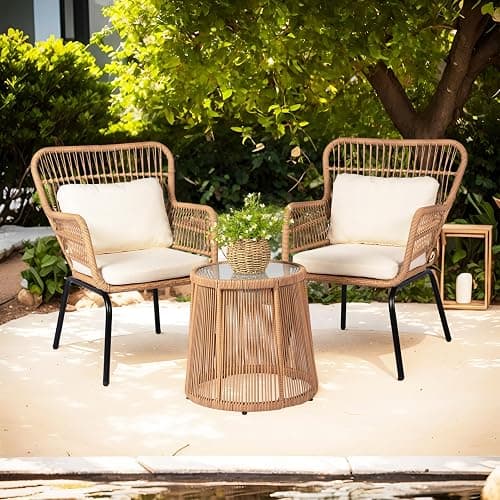 HOMEZILLIONS 3 Piece Outdoor Wicker Furniture Bistro Set, Rattan Chairs Conversation Sets Wicker Patio Furniture for Balcony Poolside Backyard, Yellow/Beige thumbnail 2