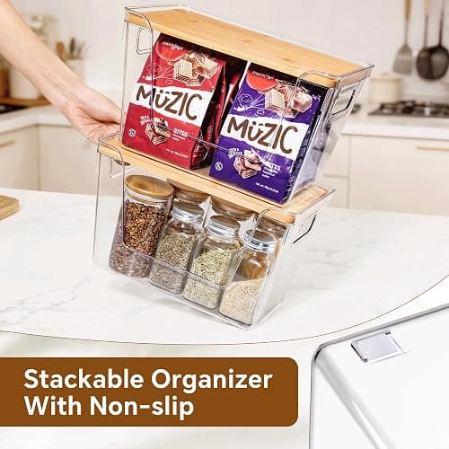 Criusia 2 Set Pantry Organizers and Storage with Bamboo Lids, Stackable Clear Bins for Onion, Potato, Fruit, Vegetables, Trash Bag Dispenser, Kitchen and Under Sink Organizer thumbnail 8