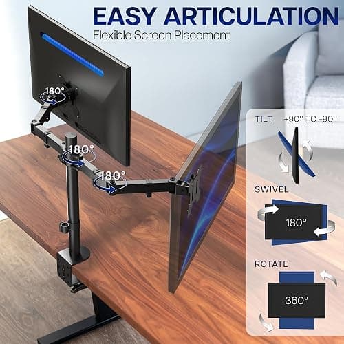 VIVO Dual Monitor Desk Mount, Holds 2 Computer Screens up to 30 inches and 22lbs Each, Heavy Duty Fully Adjustable Steel Stand with C-Clamp and Grommet, Black, STAND-V002 thumbnail 3