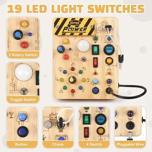 Joyreal Montessori Busy Board Wooden Sensory Toys for Toddler with LED Light Up Switch, Baby Fidget Board Travel Toys for 18+ Months, Boys Girls Birthday, Medium thumbnail 3