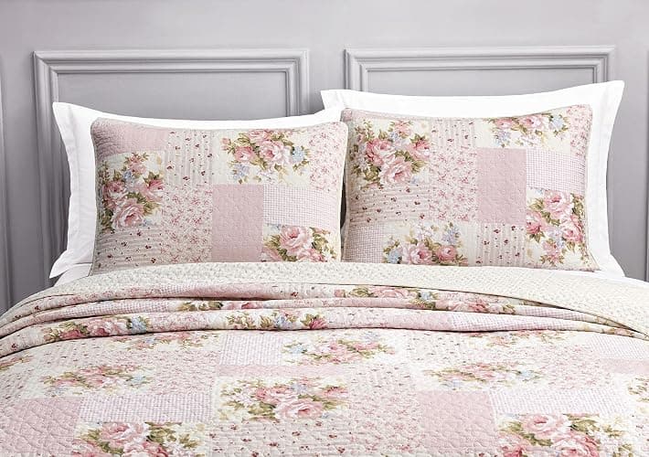 Chezmoi Collection Rosy 3-Piece Printed Patchwork Cotton Quilt Set, Full Size - Pink Flower Floral Striped Polka Dots - Stone Washed Lightweight Bedspread thumbnail 9
