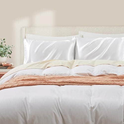 HommxJF White Satin Pillowcase Standard Set of 2 with Envelope Closure，White Silk Pillowcase for Hair and Skin (20x26) thumbnail 3