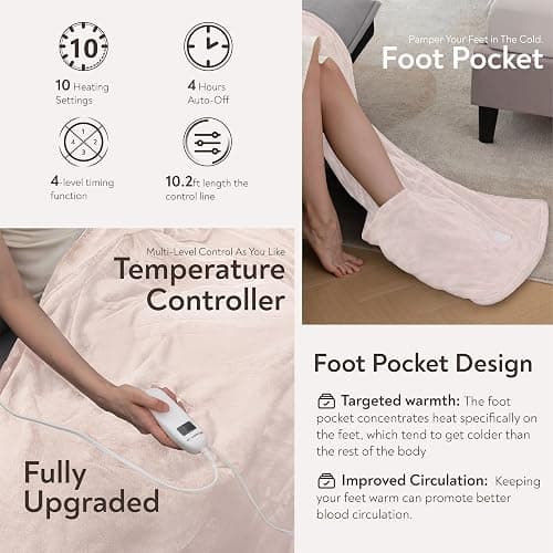 Wapaneus Foot Pocket Heated Blanket Electric Throw with 10 Heating Levels and 4 Timer Settings 4 Hours Auto Shut Off, Flannel Fast-Heating Heated Throw 50" x 60", Machine Washable, Pink thumbnail 4