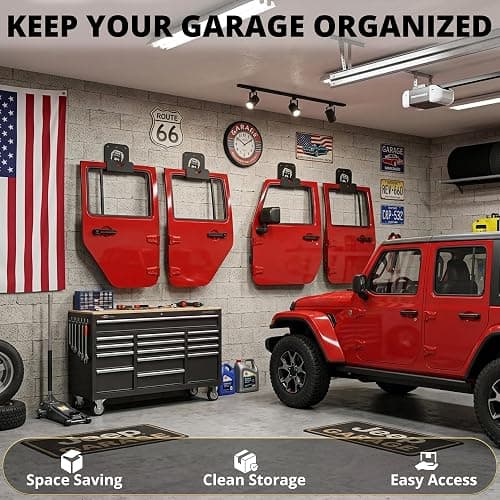 WIPHANY 4 Pcs Removable Door Storage Hanger with Rubber Wall Mount Heavy Duty Door Hanger Storage Holder Bracket Rack For1956-2020 Wrangler CJ YJ TJ LJ JK JKU JL JLU & 2021 Gladiator JT On Garage Pack thumbnail 6