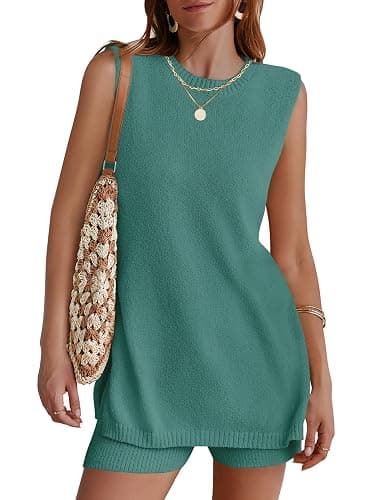 NENONA Women's Summer Sleeveless Sweater Lounge Sets Casual Loose Fit Tunic Tops and Shorts 2 Piece Vacation Outfits - Image 1