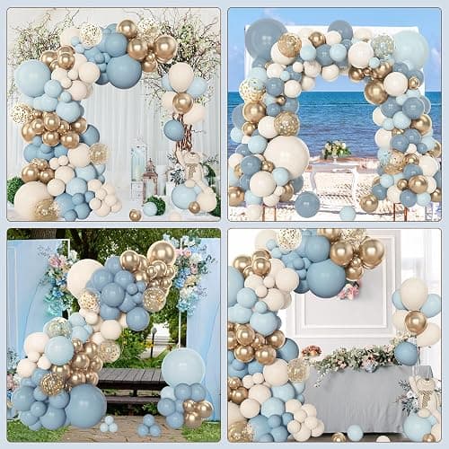 Amandir 153pcs Dusty Blue Balloon Garland Arch Kit, Different Sizes 18 12 10 5 inch Blue White Sand Latex Metallic Confetti Gold Balloons for Boys Birthday Boho Baby Shower Party Decoration Supplies - Dusty Blue thumbnail 6