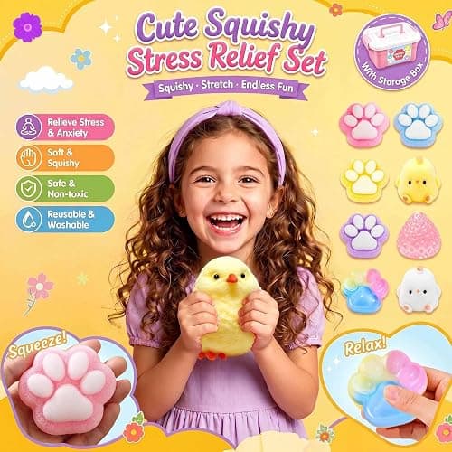 13 Pack Taba Squishy Fun Box Toys Set kit, Cheap Squishies Stress Relief Toys Party Favors for Kids 4-8 8-12, Chick Hamster Paw Strawberry Squishy Squeezee Fidget Toys for Kids thumbnail 3