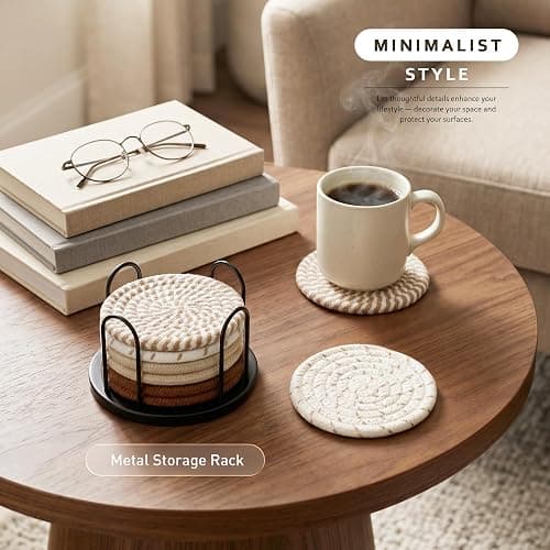 Lazebox Coasters Set of 8 for Drinks, 4 Inch Large Coasters for Coffee Table, Tabletop Protection for Hot & Cold Drinks, Versatile Coasters for Home Decor, Non-Slip & Easy to Clean, Coffee thumbnail 2