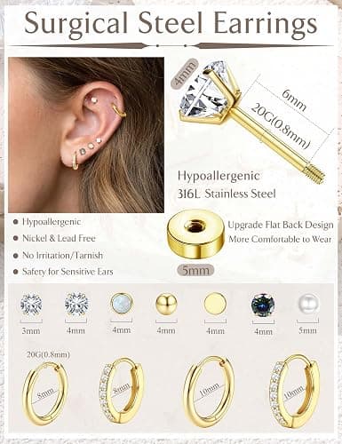 Jstyle Hypoallergenic Stud Hoop Earrings for Women Small Flat Back Surgical Stainless Steel Earrings for Sensitive Ears Trendy Silver Hoops Cartilage Earring Stacks Set Multiple Piercing Jewelry Gifts thumbnail 6
