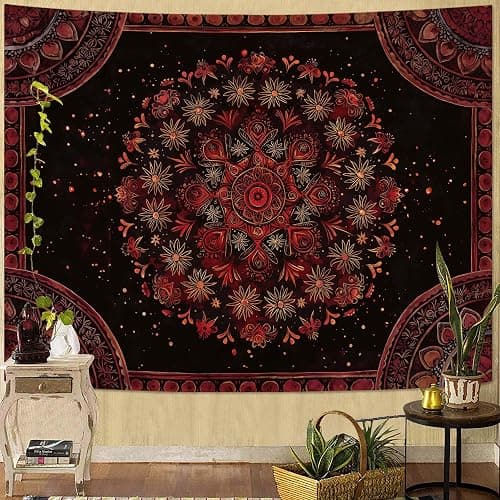 Accnicc Boho Mandala Tapestry Wall Hanging Hippie Bohemian Floral Flower Medallion Tapestry Aesthetic Small Vintage Black Red Indian Tapestries for Bedroom Living Room Dorm Decor 48 x 36 Inch thumbnail 6