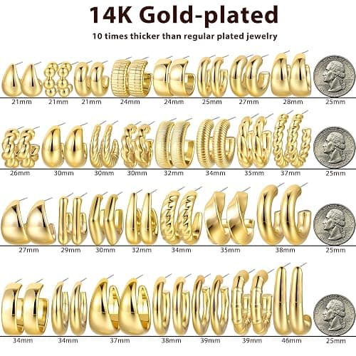 30 Pairs Chunky Gold Hoop Earrings for Women, Multipack Jewelry for Gift | Multiple Styles, lightweight, Stackable, Premium Resin, 14K Gold-plated, Hypoallergenic, Great for Party/Gathering/Wedding thumbnail 7