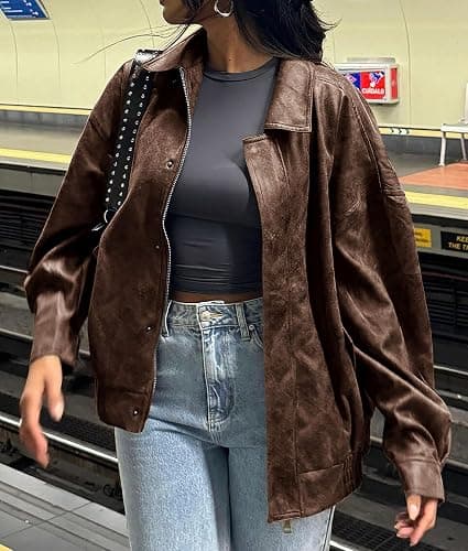 PRETTYGARDEN Women's Faux Leather Motorcycle Jacket Trendy Fall Spring Clothes Oversized Zip Up Winter Coat Outerwear thumbnail 4