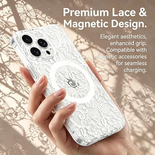 L-FADNUT for iPhone 16 Pro Max Case Lace Clear Flower Magnetic,White | [Compatible with Magsafe] Aesthetic Vintage Floral Lace Case Soft TPU Slim Shockproof Translucent Girly Cover Women Girls thumbnail 6