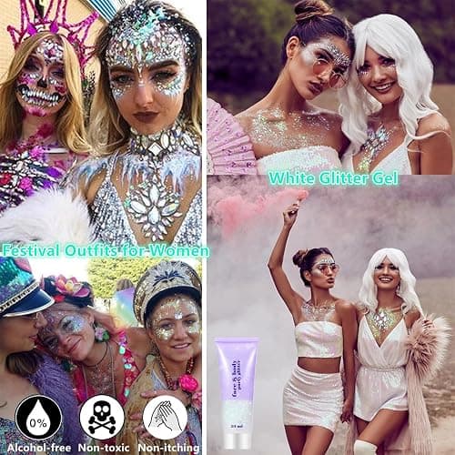Go Ho Clear White Face Body Glitter - Party Flash Festival Rave Outfits for Women&Kids,Holographic Glitter White Face Paint,Halloween Mermaid Fairy Makeup Chunky Sequins Gel,Rave Pride Accessories thumbnail 2