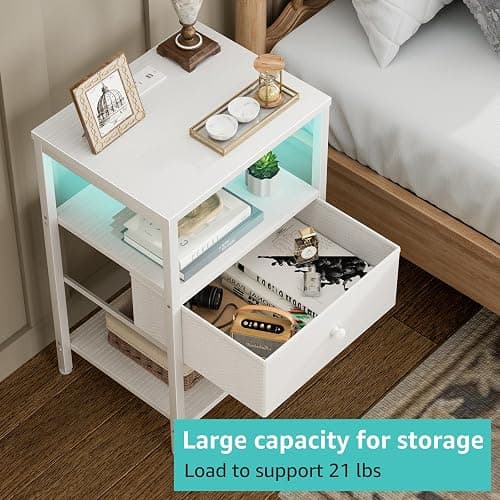 BOLUO White Nightstand with Charging Station, LED Night Stand with Fabric Drawers and Shelf, Bedside Table with USB Ports and Outlets, Bedroom Nightstand Modern thumbnail 4