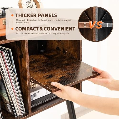 UODERS Record Player Table, Mid-Century Record Player Stand with Vinyl Storage Hold Up to 150+ Albums, Vinyl Record Cabinet with Adjustable Shelves, Wood Turntable Stand for Music Living Room (Brown) thumbnail 9