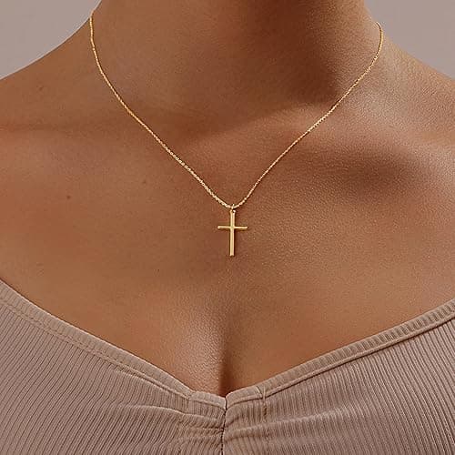 HAXIYA Cross Necklace for Women 14K Gold Plated/Sterling Silver Cross Necklace Dainty Tiny Layered Choker Cross Pendant Necklaces Faith Jewelry First Communion Gifts for Her ﻿ - Simple-Gold thumbnail 9