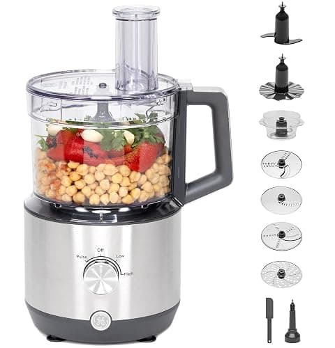 GE Food Processor | 12 Cup | Complete With 3 Feeding Tubes & Stainless Steel Accessories - 3 Discs + Dough Blade | 3 Speed | Great for Shredded Cheese, Chicken & More | Kitchen Essentials | 550 Watts thumbnail 4