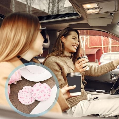 4pcs Pink Bow Car Coasters, Coquette Bow Cup Holder Coasters with Finger Notch Absorbent Cork Ceramic Cupholder Coaster for Car Women thumbnail 7