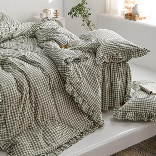 mixinni Green Ruffle Duvet Cover King Size 3 Pieces – 100% Washed Cotton, Vintage Plaid Ruffled Bedding Set with Zipper Ties, Soft Checkered Grid Farmhouse Chic Comforter Cover Set thumbnail 9