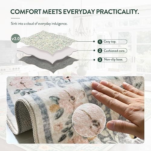 Lahome Boho Rugs for Living Room, Washable Large 8 x 10 Area Rugs for Bedroom Non Slip, Soft Ultra-Thin Distressed Floral Throw Carpet for Office Dining Room, Cream/Multi thumbnail 4