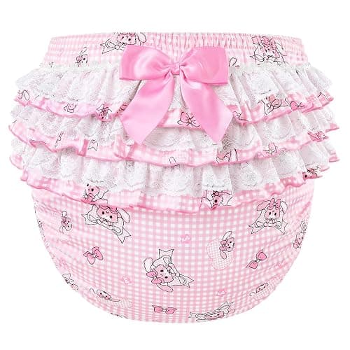 LittleForBig Silky Washable Reusable Waterproof Ruffled Lace Bow Bunnies & Bows Usagi Pattern Ruffle Adult Diaper Cover Pink M - Image 1
