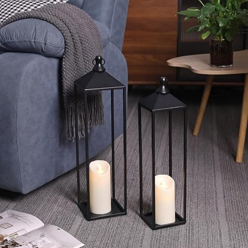 22'' 19'' Large Lanterns Decorative Outdoor Indoor, Set of 2 Black Metal Candle Lanterns Modern Farmhouse Floor Lanterns Decorative for Home Decor, Mantle, Fireplace, Patio, Porch, Garden thumbnail 4