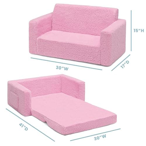 Delta Children Cozee Flip-Out Sherpa 2-in-1 Convertible Sofa to Lounger for Kids, Pink thumbnail 3