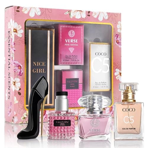 Essential 4 PC Mini Perfume Set, Birthday Gift Set for Women, Eau De Parfum 30ml Each, Vanilla Perfume & Floral Fragrance, Long-Lasting Travel Size, C5, Verse Pink Crystal, Nice Girl & Valentine - Image 1