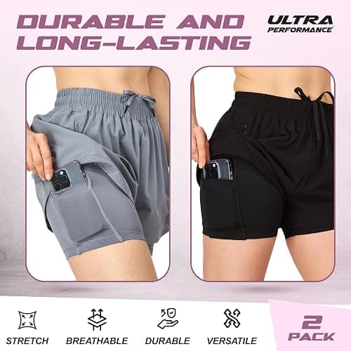 Ultra Performance Gym Shorts Women Pack of 2, Nylon Compression Workout Shorts Women with Liner thumbnail 5