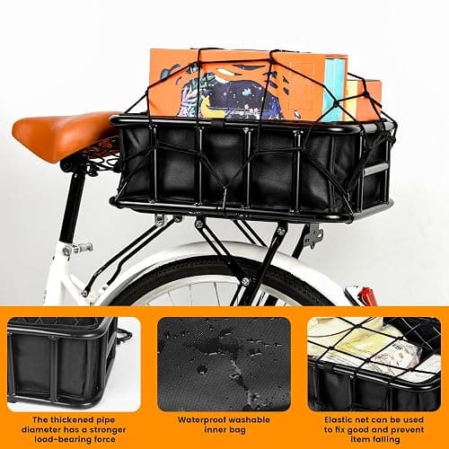 Bike Basket Rear, Large Bicycle Basket with Cargo Net, Liner and Waterproof Cover for Electirc Bike, Ebike and Bikes thumbnail 3