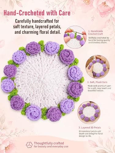 KQJS Crochet Flower Bouquet Coasters, Cotton Rose Gifts for Home Decor 1Pc | Purple Flower Blanket Bouquet Decorations for Living Room Desk, Cute Gifts for Mothers Day, Birthday, Christmas, Thank You thumbnail 5
