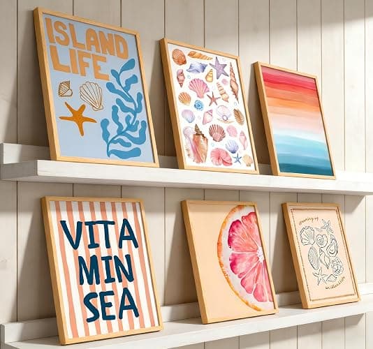 MBFKVFE 6 Pcs Coastal Wall Art, Colorful Beach Wall Decor with Seashell Starfish Coral and Grapefruit, Tropical Island Life Prints & Paintings for Bedroom Dorm Living Room 8x10 / 12x16 Inch Unframed thumbnail 2